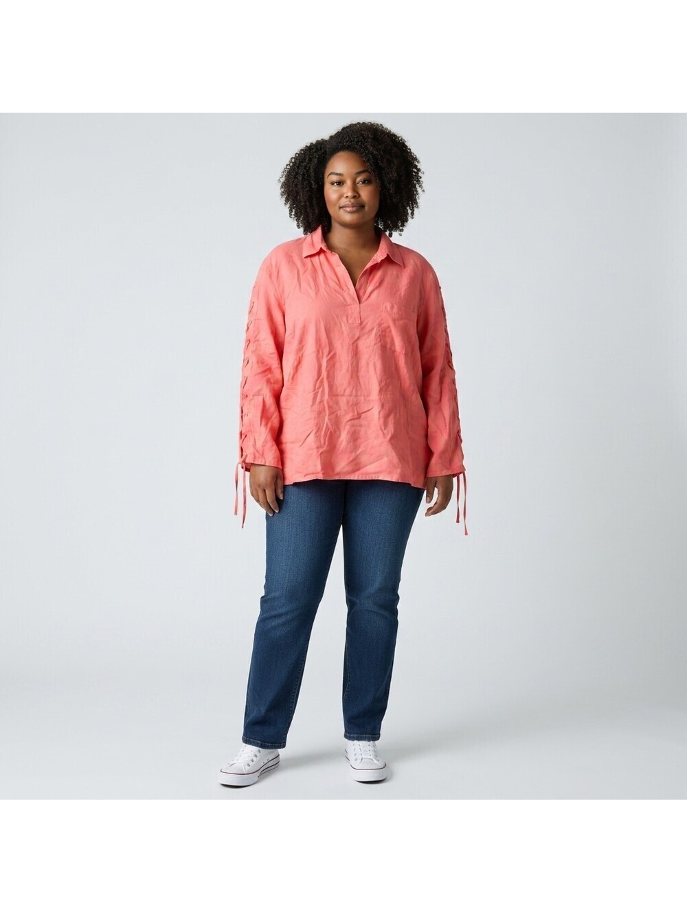 Milano Blouse Women 2X Plus Pink Collared Long Sleeve Pockets Linen Tasseled